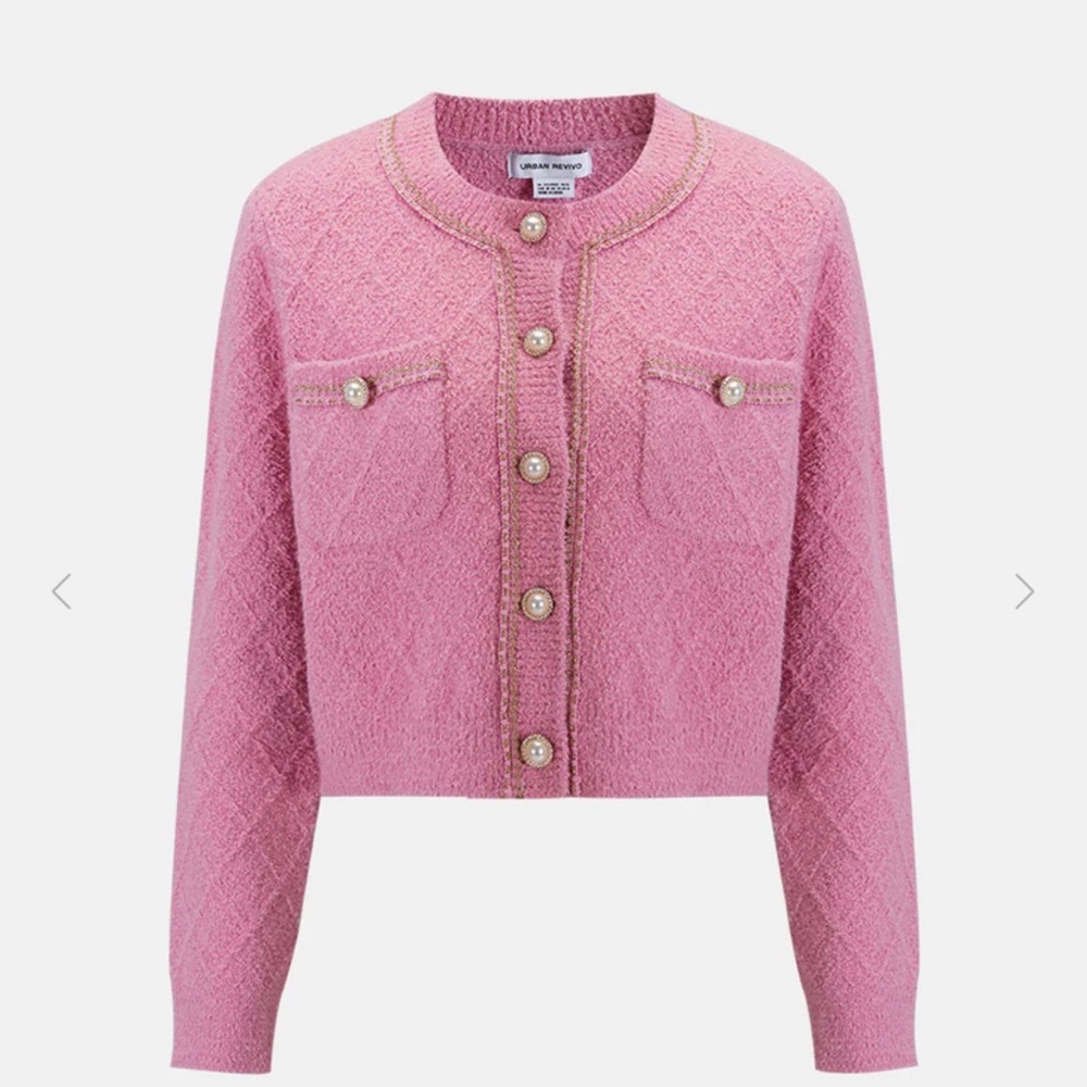 Urban Revivo Fluffy Trim Faux Pearl Button Cardigan